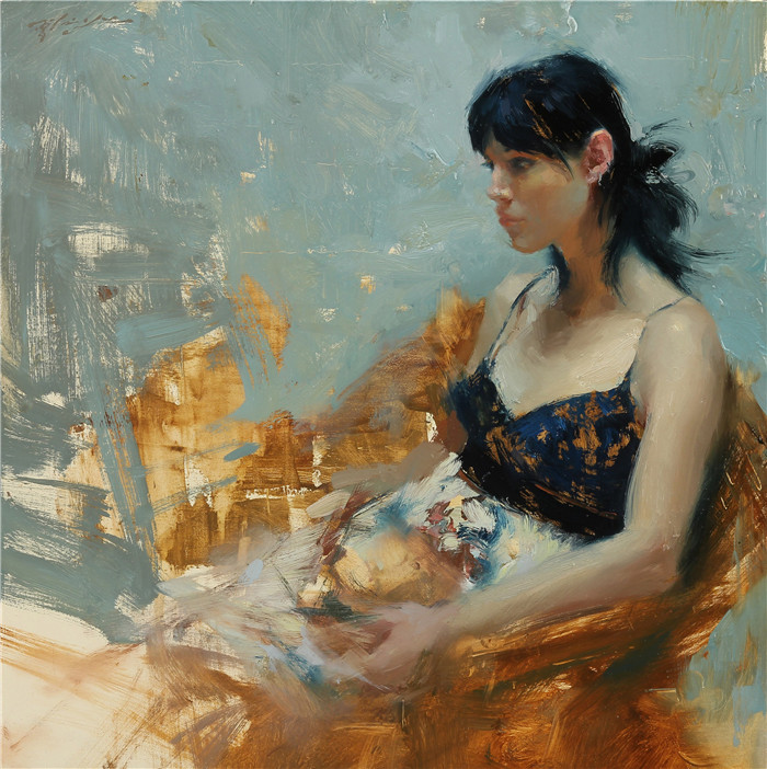 皮诺·德埃尼（Pino Daeni）油画高清-坐在椅子上的年轻女子