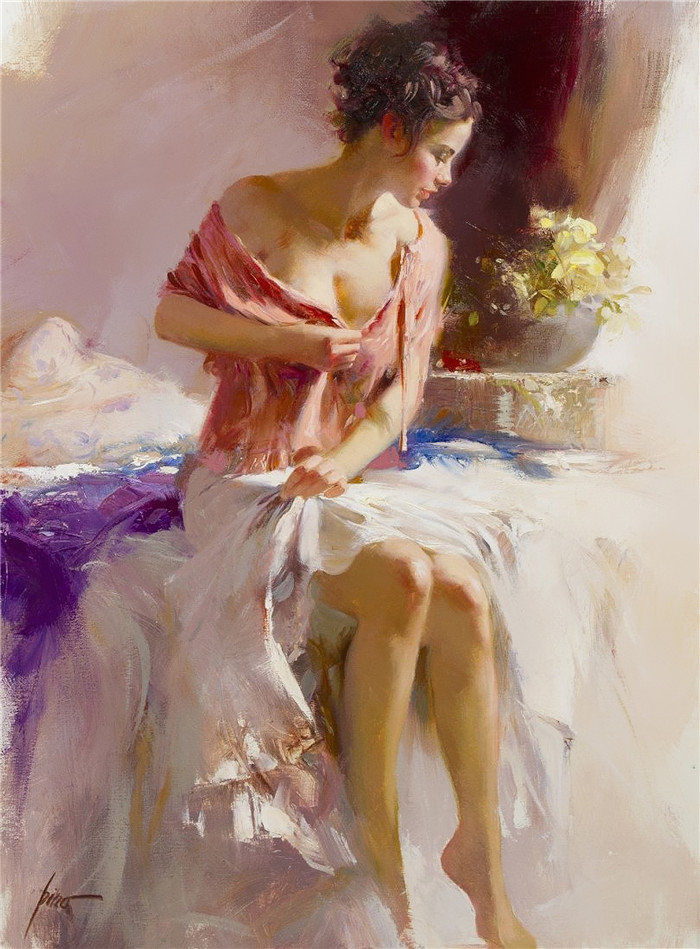 皮诺·德埃尼（Pino Daeni）油画高清-穿红衣服的女子