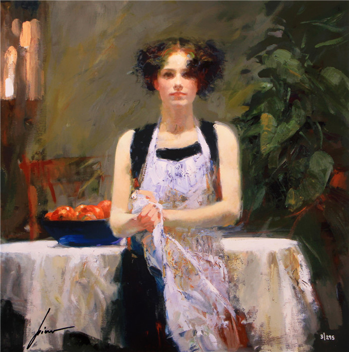皮诺·德埃尼（Pino Daeni）油画高清-餐桌前的女人