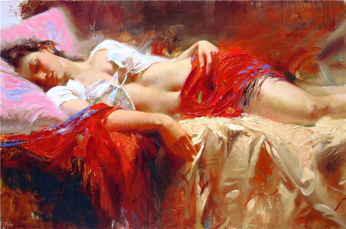 皮诺·德埃尼（Pino Daeni）油画高清-睡在床上的女子2