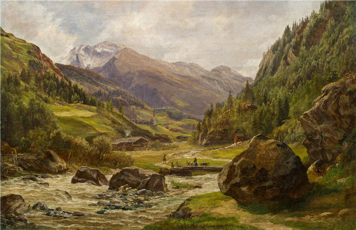 安东·希弗(Anton Schiffer)高清作品-阿尔卑斯山风景 1857年 29.5×44.5厘米
