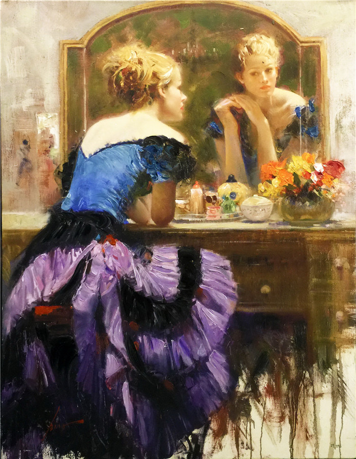 皮诺·德埃尼（Pino Daeni）油画高清-镜子旁的皮诺·达尼（手饰）