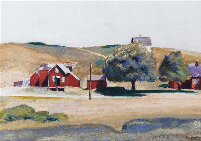 爱德华·霍珀（Edward Hopper）高清油画-水彩房屋山坡