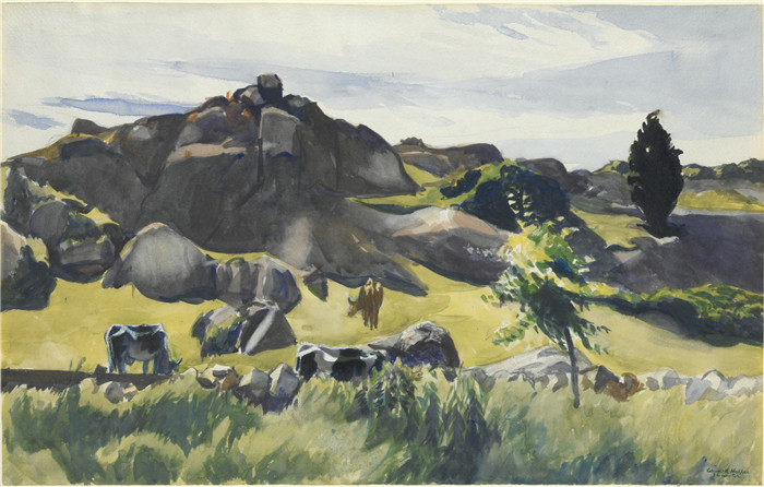 爱德华·霍珀（Edward Hopper）高清油画-山坡与牛