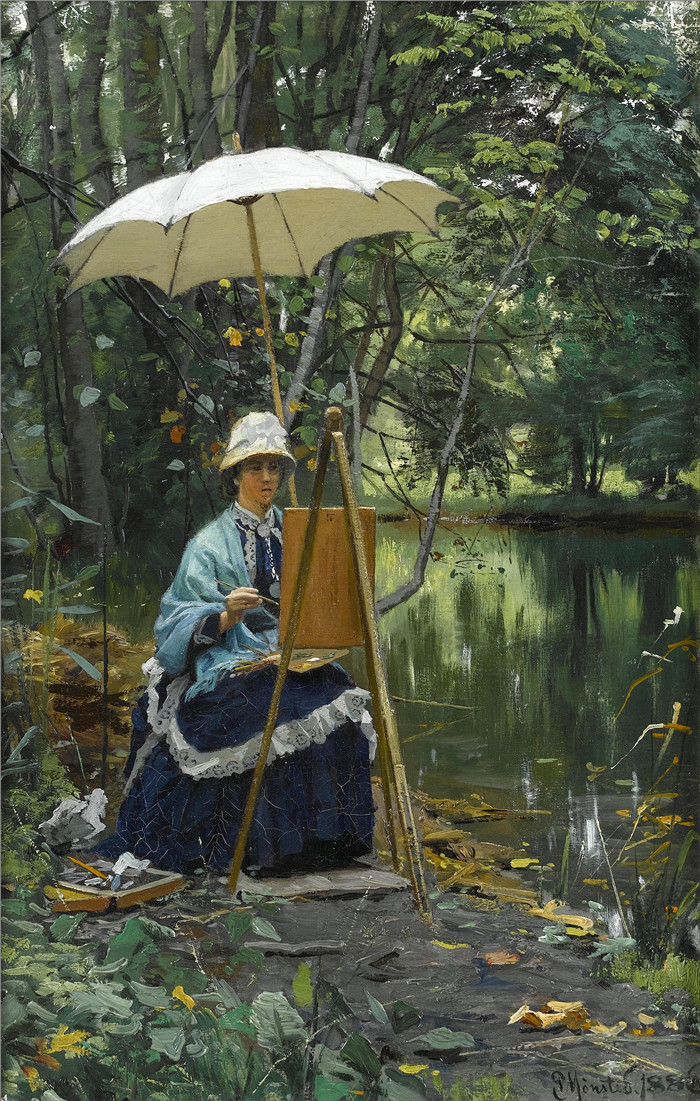 佩德·莫克·蒙森德(Peder Mork Monsted)高清作品-画架上的年轻女子-1886