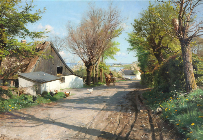 佩德·莫克·蒙森德(Peder Mork Monsted)高清作品-Peder Monsted - Landsbyliv, en tidlig forarsdag med udsigt over Ro