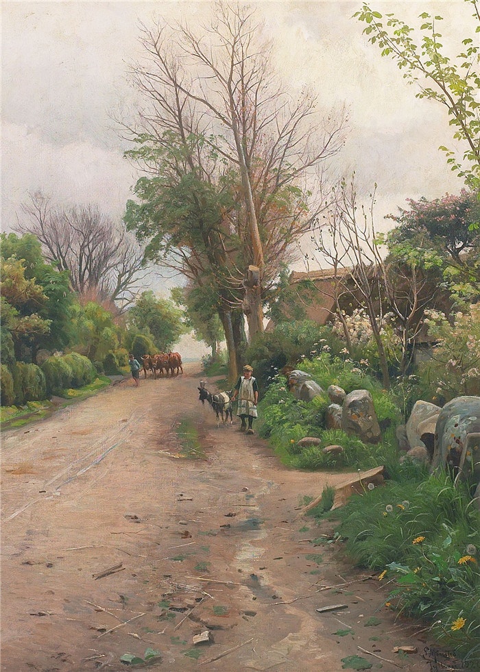 佩德·莫克·蒙森德(Peder Mork Monsted)高清作品-Grusvej ved strataekt gard i Jyllinge - 1920