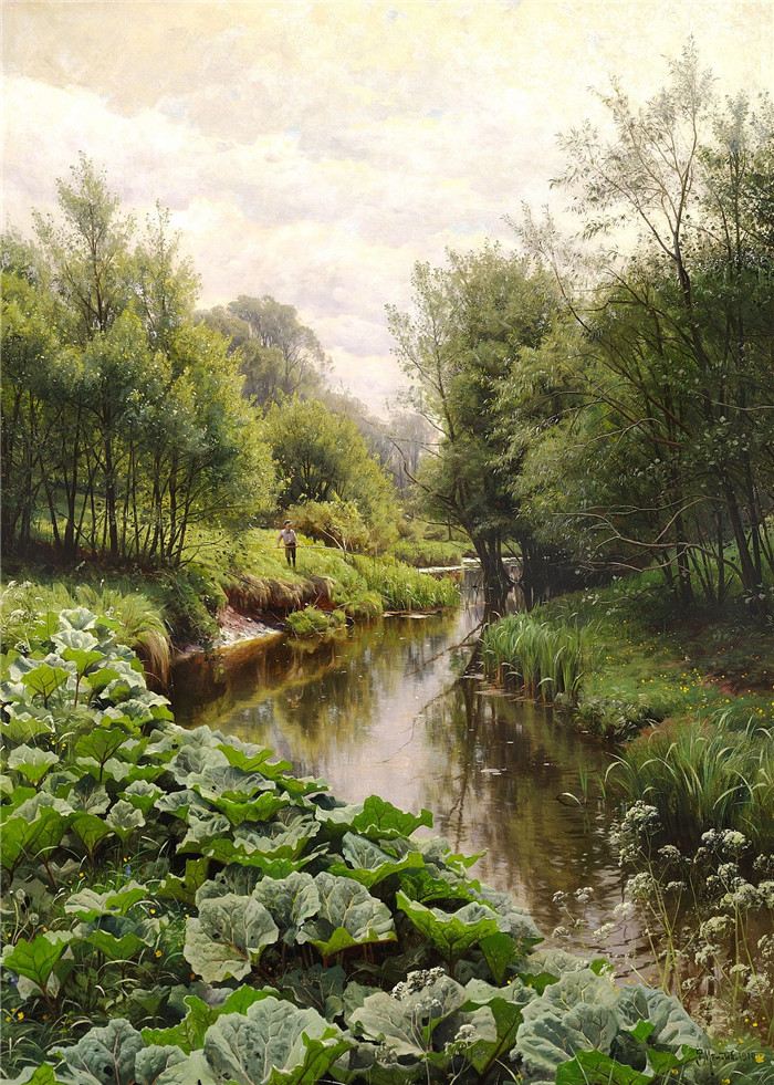 佩德·莫克·蒙森德(Peder Mork Monsted)高清作品-Peder Monsted - Landskab med dreng, der fisker - 1910