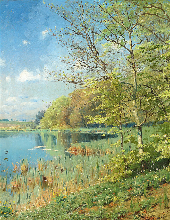 佩德·莫克·蒙森德(Peder Mork Monsted)高清作品-Peder Monsted - Lysebla himmel over en forarsskov med nyudsprungne
