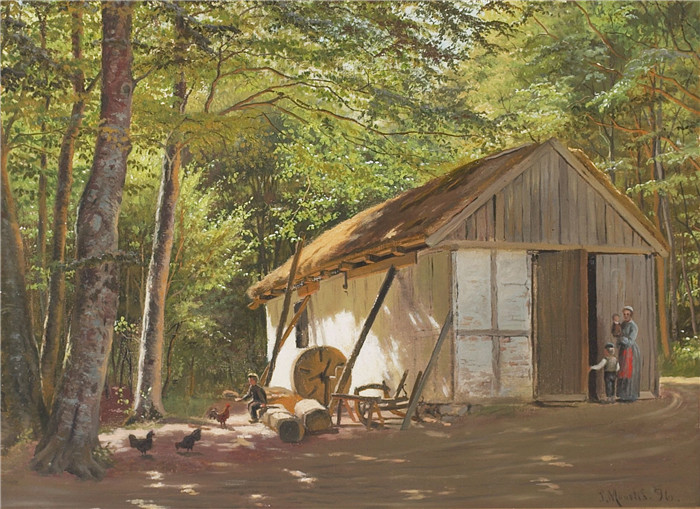 佩德·莫克·蒙森德(Peder Mork Monsted)高清作品-母亲和孩子在木屋里喂养的蜂蜜-1896