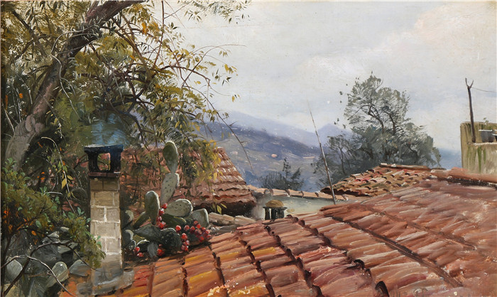 佩德·莫克·蒙森德(Peder Mork Monsted)高清作品-在旧屋顶上种植仙人掌-1906