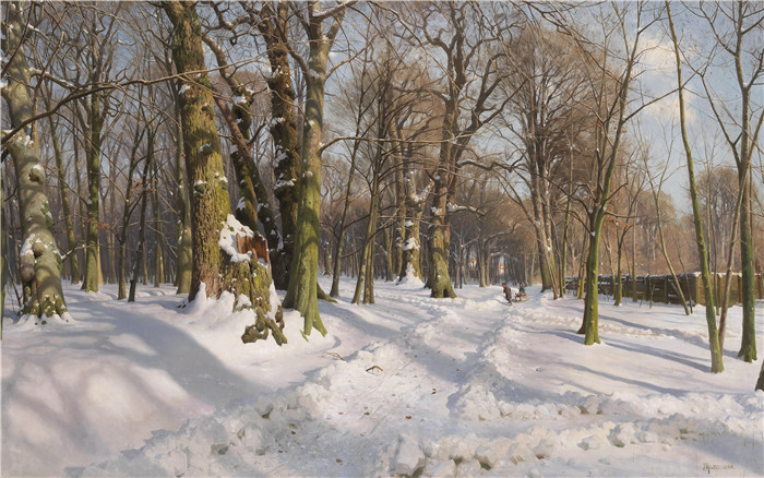 佩德·莫克·蒙森德(Peder Mork Monsted)高清作品-阳光下的雪地森林道路（1908）