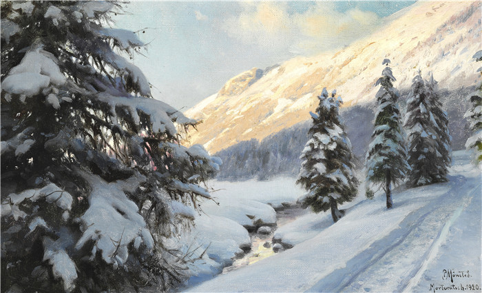 佩德·莫克·蒙森德(Peder Mork Monsted)高清作品-瑞士Morteratsch的冬季景观-1920