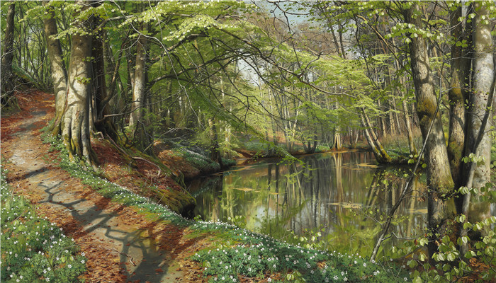 佩德·莫克·蒙森德(Peder Mork Monsted)高清作品-森林中的一个春天-1896