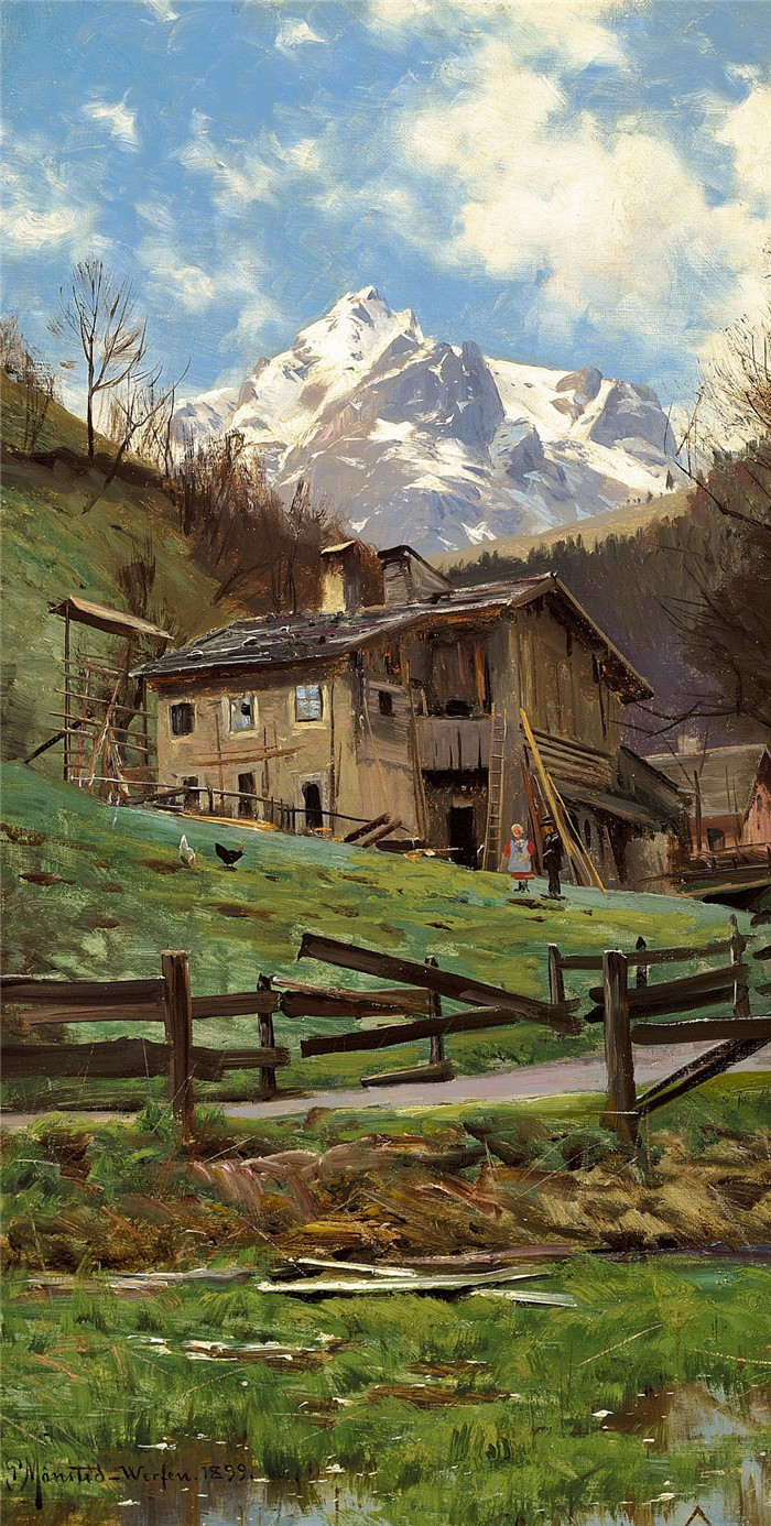 佩德·莫克·蒙森德(Peder Mork Monsted)高清作品-沃芬的阿尔卑斯山景观-1899