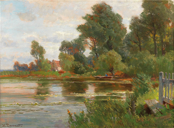 雨果·达诺(Hugo Darnaut)风景高清油画-《池塘边》，1937年