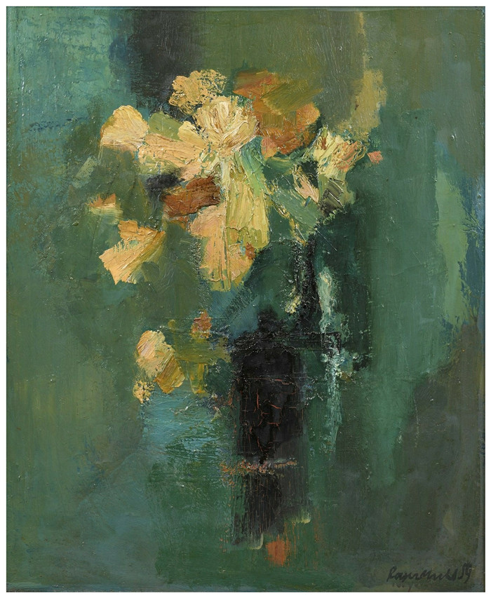 罗杰·穆尔(Roger mühl)高清油画作品-绿色背景花束，1959年