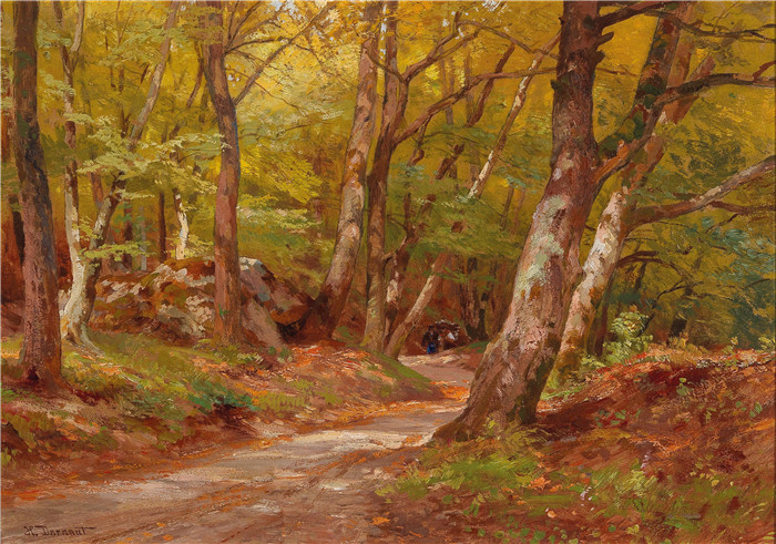 雨果·达诺(Hugo Darnaut)风景高清油画-《林中小径》，1884年