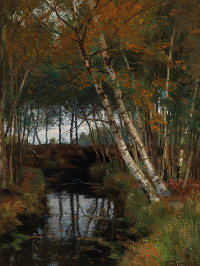 雨果·达诺(Hugo Darnaut)风景高清油画-小溪和桦树景观,1902