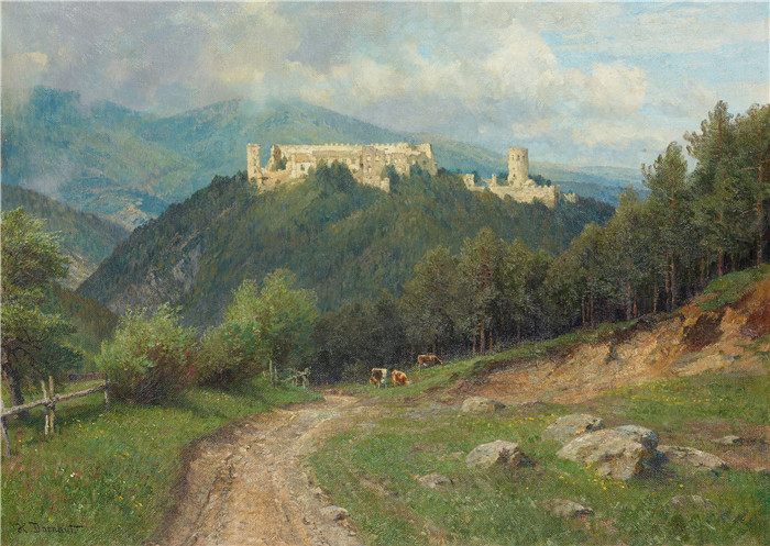 雨果·达诺(Hugo Darnaut)风景高清油画-山谷中的废墟，1906年