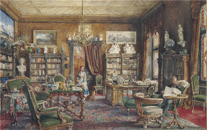雨果·达诺(Hugo Darnaut)风景高清油画-图书馆内部的一位绅士和一位女仆