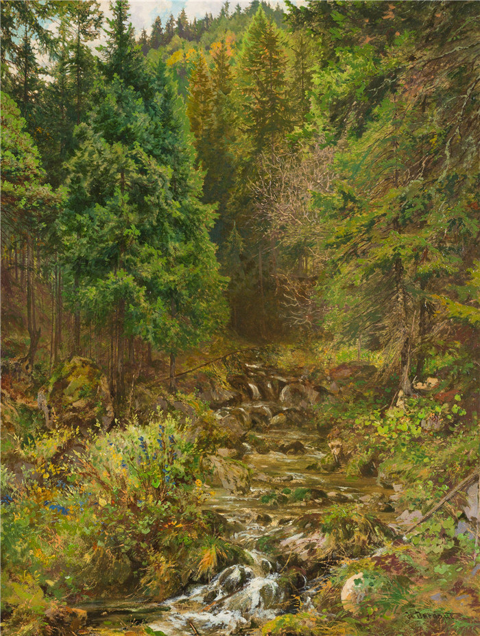雨果·达诺(Hugo Darnaut)风景高清油画-森林中的河流