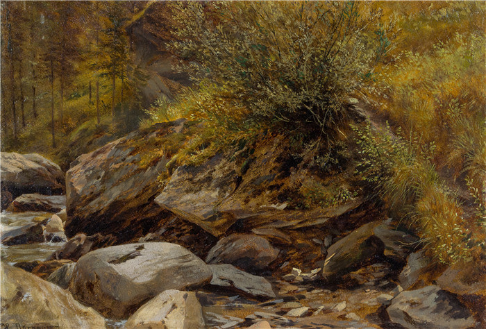 雨果·达诺(Hugo Darnaut)风景高清油画-带溪流的森林