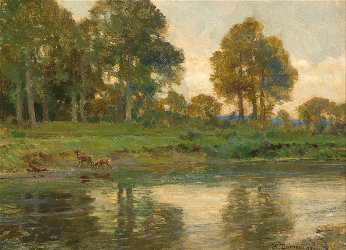 雨果·达诺(Hugo Darnaut)风景高清油画-夕阳下池塘边的红鹿