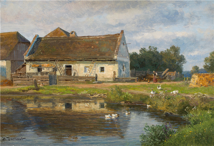 雨果·达诺(Hugo Darnaut)风景高清油画-有鸭池的农场
