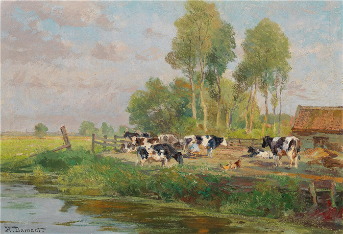 雨果·达诺(Hugo Darnaut)风景高清油画-牧场上的奶牛