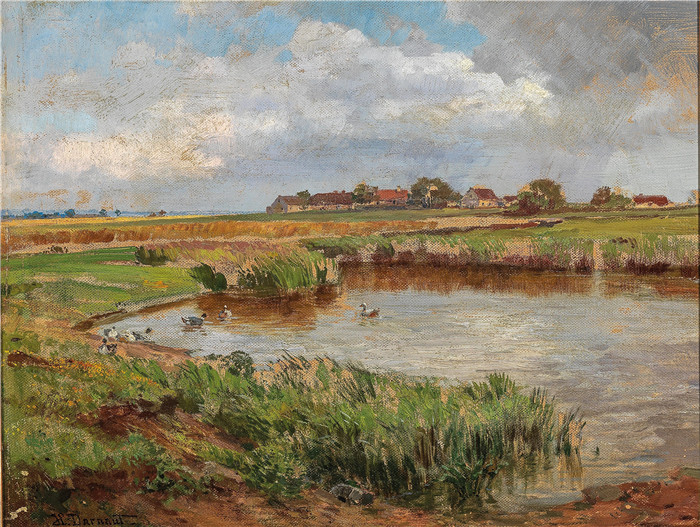 雨果·达诺(Hugo Darnaut)风景高清油画-村庄池塘上的鸭子