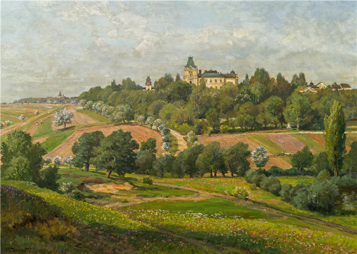 雨果·达诺(Hugo Darnaut)风景高清油画-带城堡的春天景观