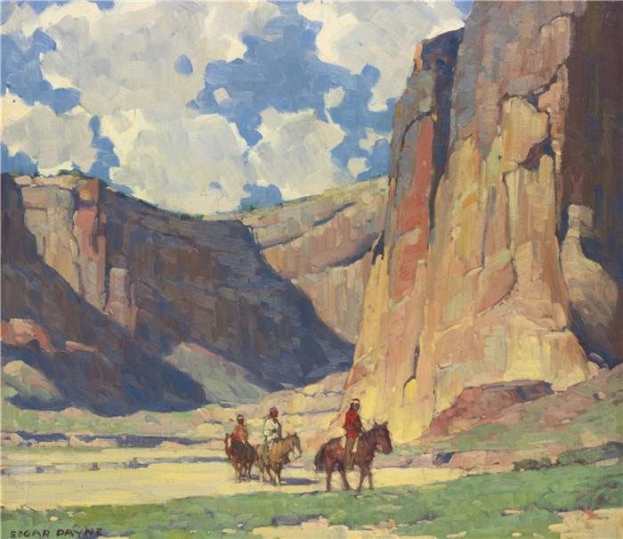 埃德加·佩恩（Edgar Payne）高清作品-印第安人骑行穿过切利峡谷