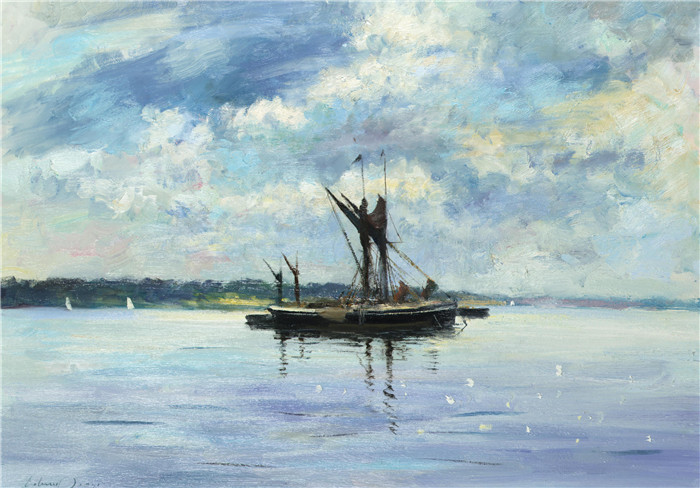 爱德华·西戈( Edward Seago)- 泰晤士河驳船在转折的潮汐上,奥威尔河