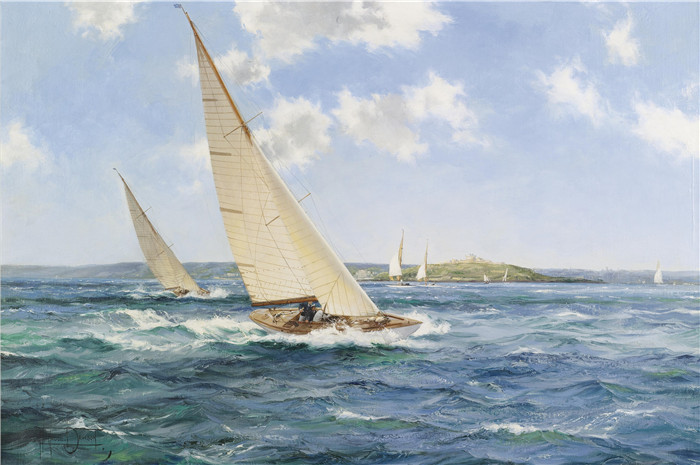 蒙塔古·道森（Montague Dawson）海洋画作品-在法尔茅斯湾