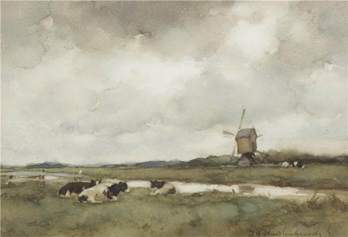 让·亨德里克·维西恩布鲁奇(jan hendrik Weissenbruch)作品-荷兰风景中的奶牛远处的风车