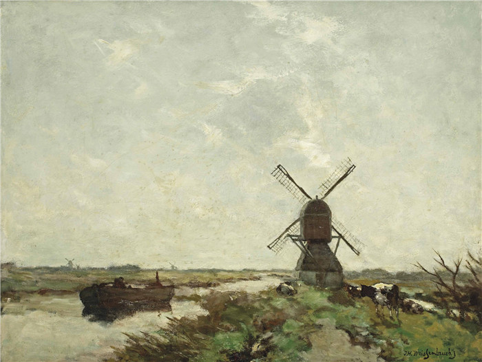 让·亨德里克·维西恩布鲁奇(jan hendrik Weissenbruch)作品-有风车和奶牛的围场景观