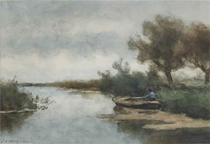 让·亨德里克·维西恩布鲁奇(jan hendrik Weissenbruch)作品-有划艇的围场景观