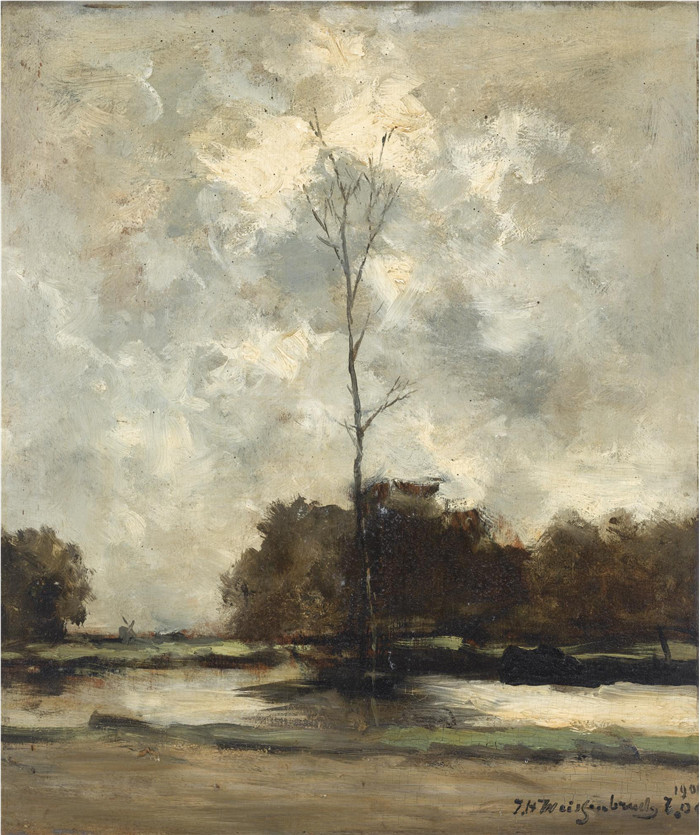 让·亨德里克·维西恩布鲁奇(jan hendrik Weissenbruch)作品-荷兰运河沿岸的树木