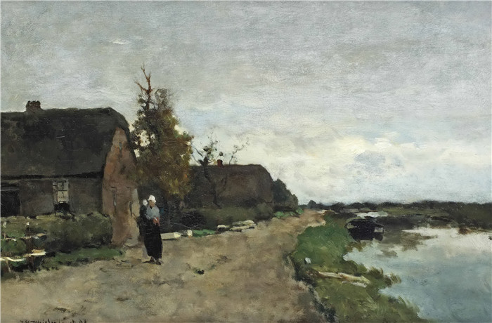 让·亨德里克·维西恩布鲁奇(jan hendrik Weissenbruch)作品-河边的农场