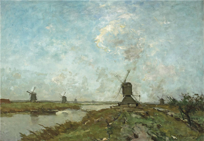 让·亨德里克·维西恩布鲁奇(jan hendrik Weissenbruch)作品-有风车的围场景观