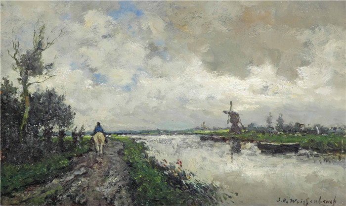 让·亨德里克·维西恩布鲁奇(jan hendrik Weissenbruch)作品-有风车和马厩的围场景观