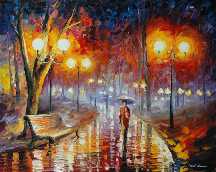列昂尼德·阿夫列莫夫(Leonid Afremov)油画-下雨的夜晚风景（19）