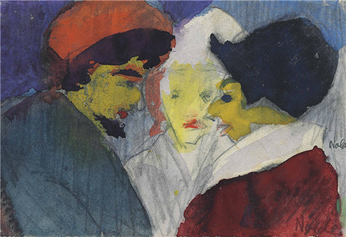 埃米尔·诺尔德（Emil Nolde）作品-《对话中的两个女人和一个男人》，1940年