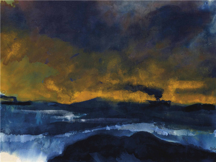 埃米尔·诺尔德（Emil Nolde）作品-《两个冒烟的蒸汽船的大海》，1930年