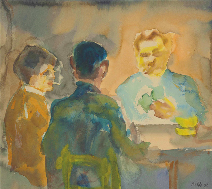 埃米尔·诺尔德（Emil Nolde）作品-《桌上三个打牌的人》，科斯佩达，1908年