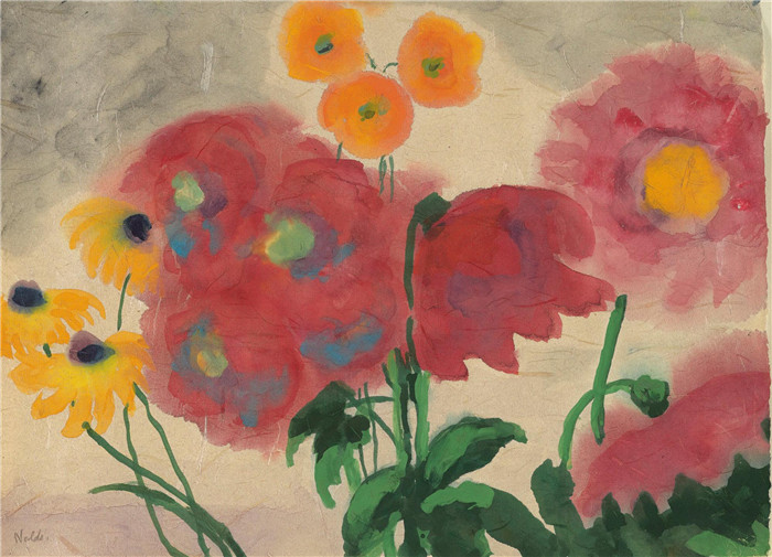 埃米尔·诺尔德（Emil Nolde）作品-《红黄盛开的静物》，1950年