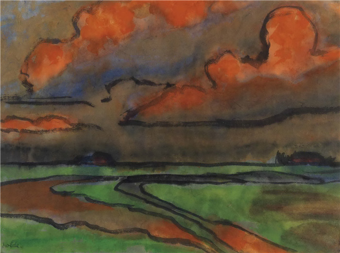 埃米尔·诺尔德（Emil Nolde）作品-《红云下的摩尔兰》
