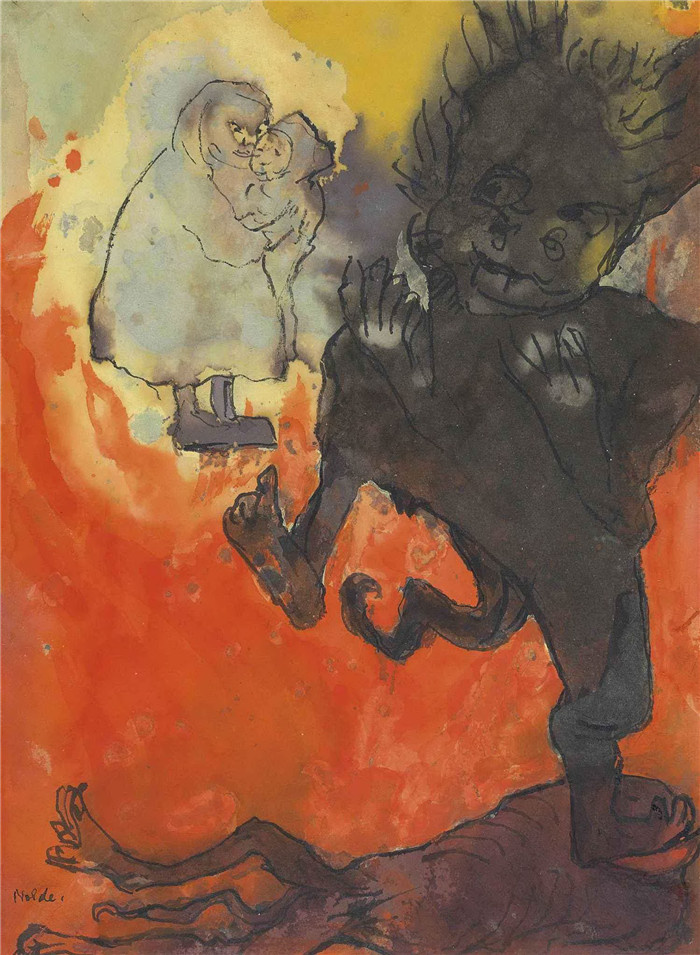 埃米尔·诺尔德（Emil Nolde）作品-《带着孩子和妖精的母亲》，1931年