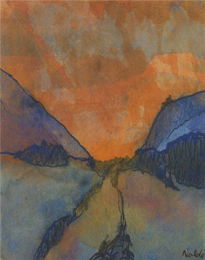 埃米尔·诺尔德（Emil Nolde）作品-山地景观，日落谷，1920年